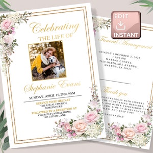 Può includere: Un annuncio di funerale con un bordo dorato e un design floreale. La carta presenta una foto di una donna con un cane e include il testo "Celebrating the Life of Stephanie Evans". La carta include anche la data e l'ora del servizio funebre e del ricevimento.