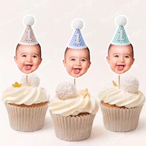 Custom Face Cupcake Toppers Pastel Gingham Party Hats, Plaid Birthday Hat, Photo Cupcake Toppers, Custom Stickers Face Toppers any color hat