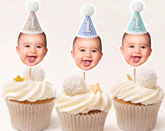 Custom Face Cupcake Toppers Pastel Gingham Party Hats, Plaid Birthday Hat, Photo Cupcake Toppers, Custom Stickers Face Toppers any color hat