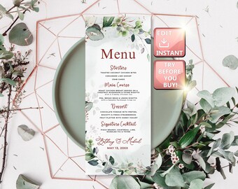 Wedding Menu Roses, Wedding Menu Template Greenery, Wedding Menu Eucalyptus, Wedding Menu Rose Gold , Wedding Menu Instant Download W004