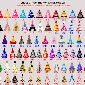 May include: A selection of colorful party hats with various designs and numbers, including "30", "40", "50", "60", "Happy Birthday", "Dirty 30", "I Make 60 Look Good", "Retired", and "AF!" The hats are arranged in rows and labeled with letters and numbers.