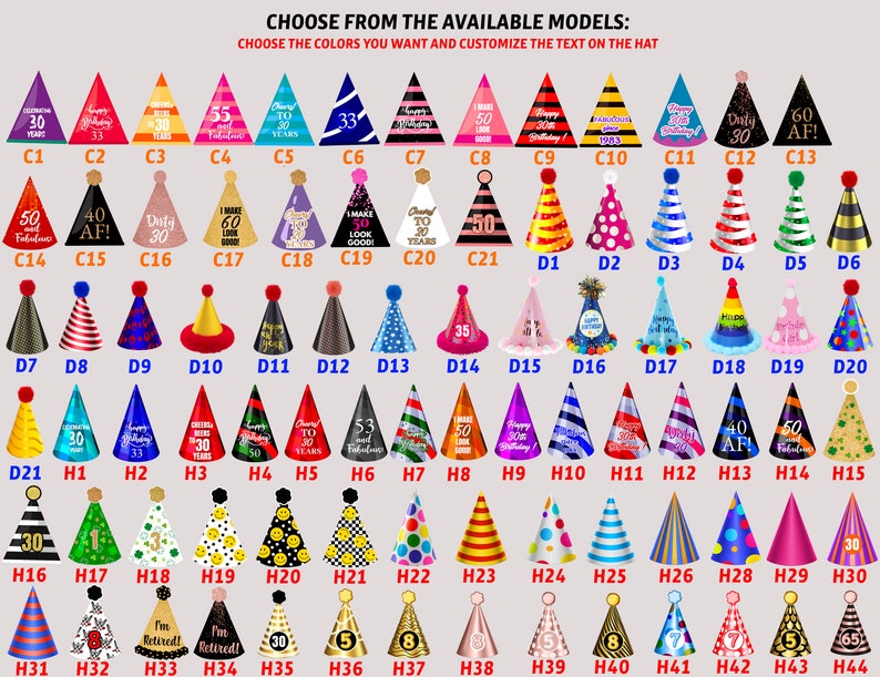 May include: A selection of colorful party hats with various designs and numbers, including "30", "40", "50", "60", "Happy Birthday", "Dirty 30", "I Make 60 Look Good", "Retired", and "AF!" The hats are arranged in rows and labeled with letters and numbers.