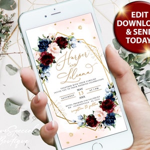 Hochzeitseinladung digital floral, Evite Ankündigung, Hochzeit navy floral, Hochzeit einladen , Hochzeit einladen, Hochzeit evité, bearbeitbar W023