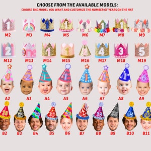 May include: A chart of 20 different birthday hat designs for a first birthday. The hats are in the shape of crowns and party hats. The hats are decorated with glitter, numbers, and other festive designs. The chart is labeled with the model numbers M1 through M20, A1 through A10, and B1 through B12.