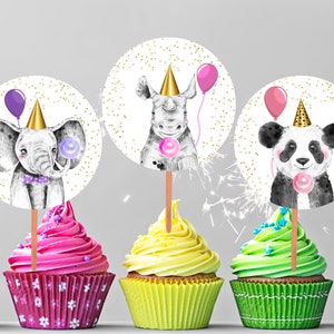 Party Animals Cupcake Toppers Favor Tags Birthday Party Decoration Safari Animals Zoo Birthday Wild One Elephant Giraffe Lion Zebra 042