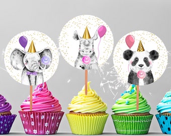 Party Animals Cupcake Toppers Favor Tags Birthday Party Decoration Safari Animals Zoo Birthday Wild One Elephant Giraffe Lion Zebra 042