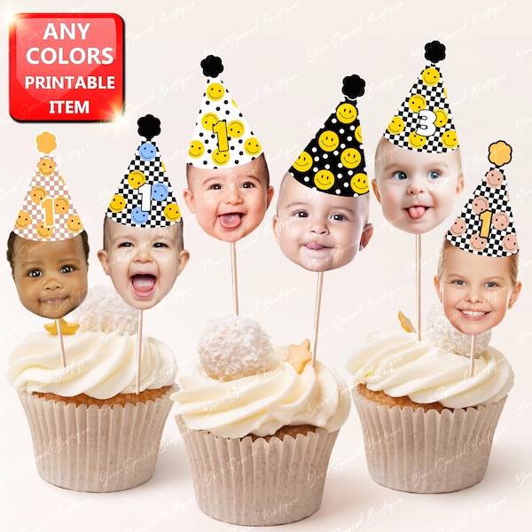 One Cool dude birthday, happy dude face cupcake toppers, first birthday 2 3, pet head decorations Personalized Photo, Smiley Face Happy Dude