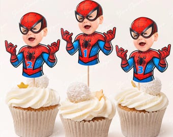 Adornos para cupcakes con cara de Spidey, adornos personalizados para cupcakes de Spidey y sus amigos, adornos personalizados para cupcakes de Spidey inspirados en superhéroes, archivo digital