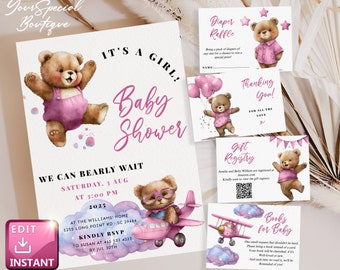 REDIGERBAR Rosa Björn Baby Shower Inbjudan Flicka Vi Kan Bearly Vänta Inbjudan Utskrivbar Mall Direkt Nedladdning, Digital, Blöjlotteri BS048
