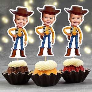 Woody personliga ansikte cupcake toppers inspirerade ansikte cupcake toppers, personliga anpassade cupcake toppers superhjälte, digital fil