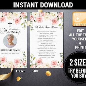 Editable Funeral Prayer Card, Printable Memorial Prayer Card Template,Funeral Prayer Card,Celebration of Life,Funeral Program Invitation F16