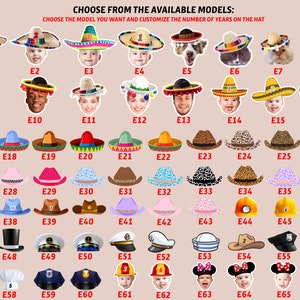 May include: A chart of 66 different hat designs for customizing with a number of years. The hats are in a variety of colors and styles, including sombreros, cowboy hats, baseball caps, and graduation caps.