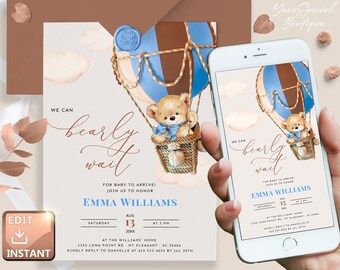 Inbjudan till babyshower med nallebjörnstema, varmluftsballong, brunbjörnstema, Vi kan vänta, inbjudningsmall för utskrift + digital inbjudan BS061