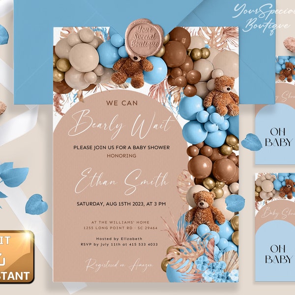 Bearly Wait Arch Invitation Baby Shower Bear Balloons Invite Baby Boy Blue Neutral Beige, White, Cream, Tan, Brown Teddy Bear Digital invite