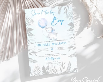 Elephant Baby Shower Invitations, Baby Boy Shower Invitations, Balloon, Baby Elephant Invitation, Little Peanut Baby Shower,DIY Blue Balloon