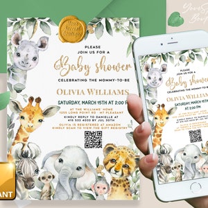 Peut inclure: Une invitation numérique pour une baby shower sur le thème de la jungle. L'invitation présente une illustration aquarelle d'une girafe, d'un zèbre, d'un éléphant, d'un singe et d'un guépard. Le texte sur l'invitation se lit comme suit : "Veuillez vous joindre à nous pour une baby shower célébrant la future maman Olivia Williams, samedi 15 mars à 14h00 au domicile des Williams, 1255 Long Point Rd, Mt Pleasant. Veuillez répondre à Danielle au 415 533 4033 avant le 30 juillet. Olivia est inscrite sur Amazon. Veuillez scanner pour voir la liste de cadeaux."