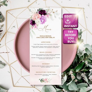 Wedding Menu Peony, Wedding Menu purple, Wedding Menu Template Floral,Wedding Menu Template Personalized, Menu for Table, Lavender MENU W007