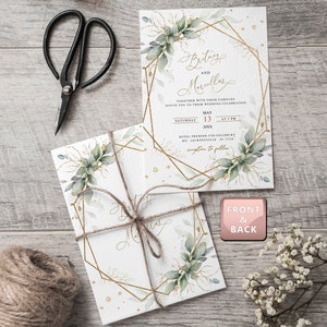 May include: A wedding invitation with a gold geometric frame and watercolor greenery. The invitation reads "Brittany and Marcellus" with the date "Saturday, May 13, 20XX at 1 PM".