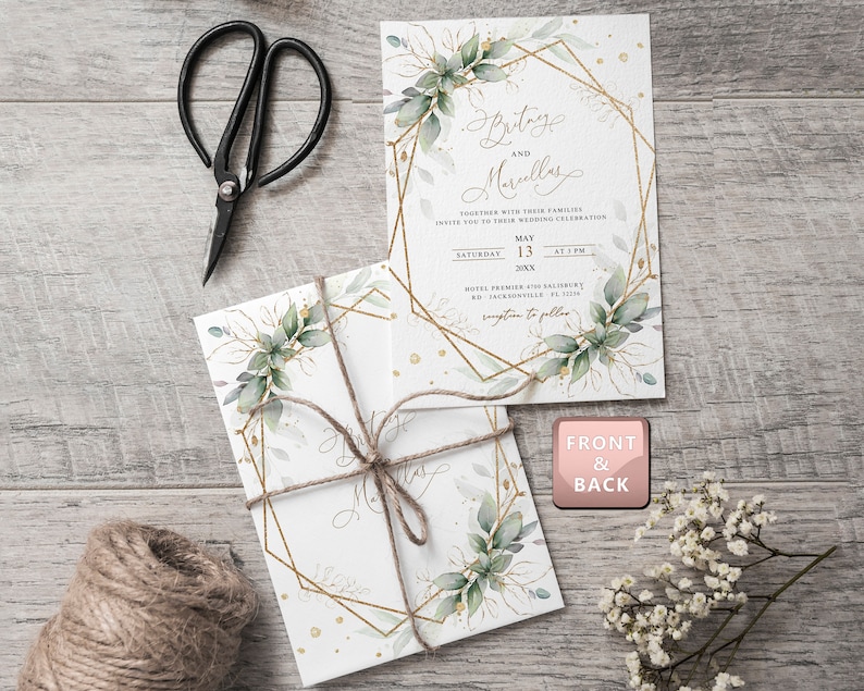 May include: A wedding invitation with a gold geometric frame and watercolor greenery. The invitation reads "Brittany and Marcellus" with the date "Saturday, May 13, 20XX at 1 PM".