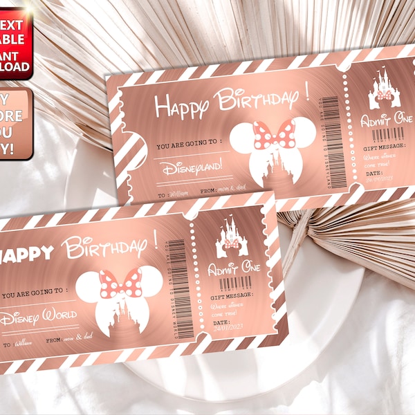Personalised Birthday Reveal Gift Present Rose Gold Golden Paris California Tokyo Trip Surprise Card Voucher Coupon Ticket Billet Template