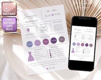 Bridesmaid Info Card Template, Bridal Party Info Card Bridesmaid Information Card Modern Minimalist Bridesmaid Infographic Instant Download