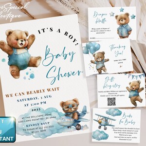 EDITABLE Blue Teddy Bear Baby Shower Invitation We Can Bearly Wait Blue Balloons Boy Baby Shower Invites , Digital invite Editable  BS047