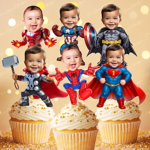 Conjunto de 6 decoraciones personalizadas de superhéroes de cómics para primer cumpleaños de bebé, temática de héroe, V4