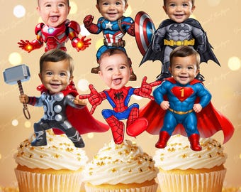 Set of 6 Comic Book Superhero Inspired Personalized Superhero Custom Baby 1st Birthday Hero Theme Party Decoration Hero Theme Party V4