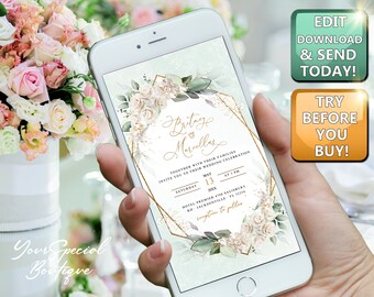 White Rose Wedding Invitations Template, Boho Greenery Invite, Wedding White Rose Templates, Watercolor W027