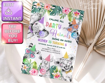Invitación de cumpleaños con animales de fiesta, invitación con animales salvajes, animales de safari del zoológico, animales de safari de leopardo, invitación para fiesta de cumpleaños