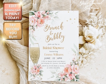 May include: A white invitation card with gold glitter text that reads "Brunch & Bubbly" and "Bridal Shower". The invitation is decorated with watercolour pink flowers and greenery. The text also includes the bride's name, date, time, and location of the event.