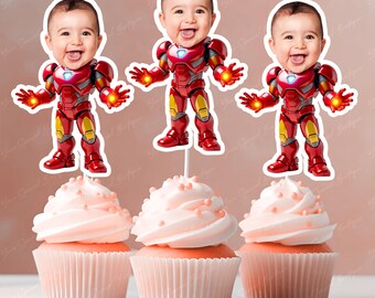 Adornos para cupcakes inspirados en Iron Man, adornos para cupcakes imprimibles de Iron Man, decoración para tartas de Iron Man, tarta personalizada de Iron Man, archivo digital