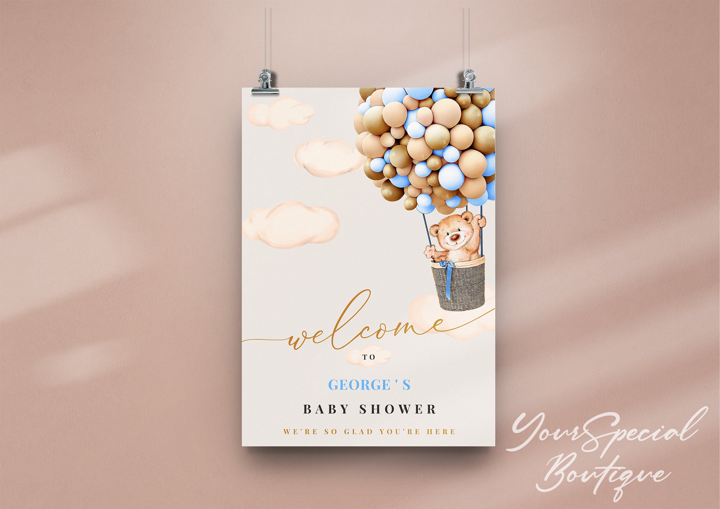 Bear Balloon Welcome Sign Boy, Welcome Poster Boy Blue Balloon Baby ...