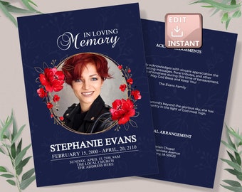 Begravningsprogram, Mall för begravningsprogram, Mall för begravningsprogram röd ros, Med foto av kvinna, 4 sidor, Direkt nedladdning, Redigerbar, Marinblå F14