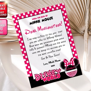 Carta sorpresa de Minnie, vas a parques temáticos, anuncio de vacaciones, vas a World Land, carta de parques temáticos para niña rosa EDITABLE