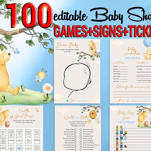 May include: A set of printable baby shower games featuring Winnie the Pooh and Piglet. The games include "Draw Baby", "Find the Guest Bingo", "Would They Rather", and "Baby Emoji Game - Pictionary".