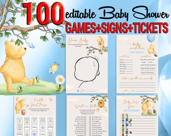 POOH - 100 Baby Shower Games Editable Winnie-The-Pooh Classic Party Games Download, Piglet Owl Kanga Roo Virtual Winnie boy Games Printable