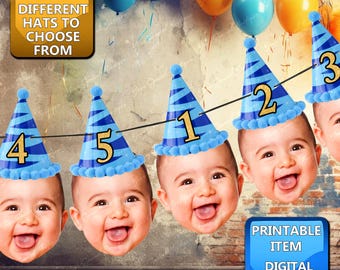 Birthday Hat with Face Banner, Birthday Garland Custom Face Photo Banner Personalized Birthday Hat Banner Any Age, Digital Download