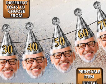 Photo Banner Face, Banner Party Hat silver, Banner Birthday Celebration, Personalized Birthday Hat silver Banner, Any age on the  Party Hat