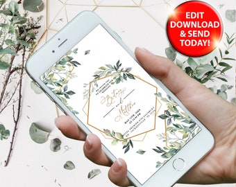 May include: A digital wedding invitation with a green and gold geometric design. The invitation reads "We invite you to celebrate our wedding, Brittany and Matthew, May 11th, 20XX at 1:05 PM, Hotel Premier, 400 Salisbury Rd Jacksonville, FL 32244".