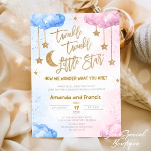 EDITABLE Twinkle Twinkle Little Star Gender Reveal Invitation Gold Moon and Stars Gender Reveal Party Invite Template He Or She, Boy Or Girl