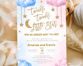 EDITABLE Twinkle Twinkle Little Star Gender Reveal Invitation Gold Moon and Stars Gender Reveal Party Invite Template He Or She, Boy Or Girl