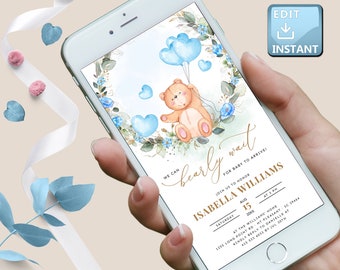 Baby Shower evite bear, Boy Bear Baby Shower Invitation, Blue Template, We Can Bearly Wait, Watercolor Baby Bear Boy Invite,Electronic BS009