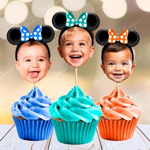 Minnie Mouse Ears Personalized Face Cupcake Toppers, Minnie party hat, cupcake decoration face personalized photo cupcake topper face