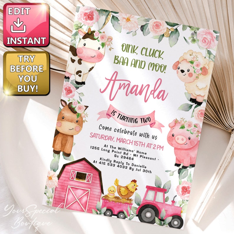 Farm Birthday Invitation Barnyard Girl Birthday Party Barnyard ...