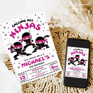 GIRL Ninja Birthday Invitation, Editable Birthday Party Invitation Birthday Invitation Ninjago Birthday Party Brick Building Ninja Go Invite