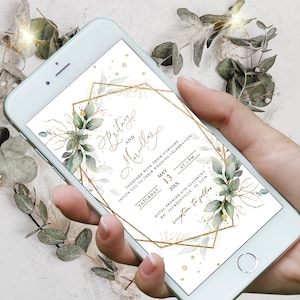 May include: A wedding invitation with a gold geometric frame and green foliage. The invitation reads "Brittany and Marcellus" and includes the date and time of the wedding. The text "Together with their families invite you to their wedding celebration" is also included.