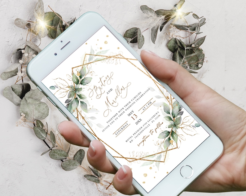 May include: A wedding invitation with a gold geometric frame and green foliage. The invitation reads "Brittany and Marcellus" and includes the date and time of the wedding. The text "Together with their families invite you to their wedding celebration" is also included.