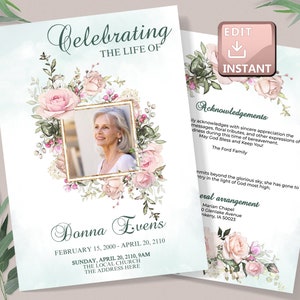 May include: A light blue and white memorial card with a floral border and a photo of a woman. The card reads "Celebrating the Life of Donna Even's" and includes dates of birth and death, as well as funeral arrangements.