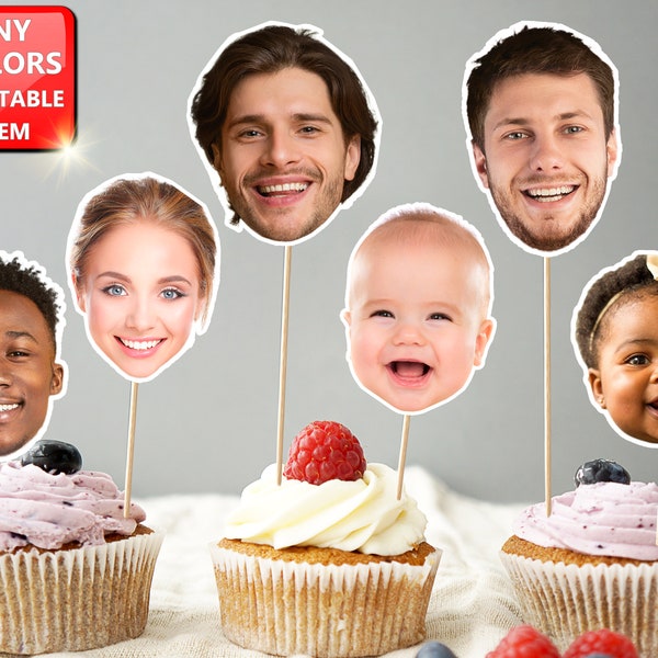 Personalized Face Stick, Head on a Stick Cupcake Toppers, Photo Cupcake Toppers, Birthday Decor for him her, Face baby Cupcake Photo